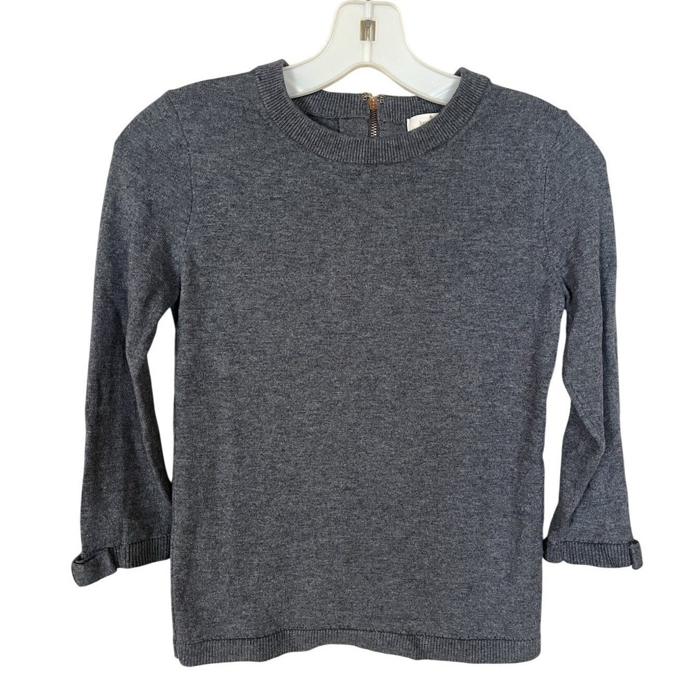 Kate Spade Wool Cashmere Sweater 3/4 Sleeve Bow Cuffs Back Gold Zip‎ Gray SZ S